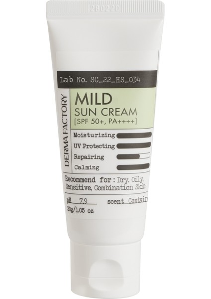 Hassas Ciltler Için Hafif Dokulu Vegan Güneş Kremi Derma Factory Mild Sun Cream Spf 50+ Pa++++ 30ML