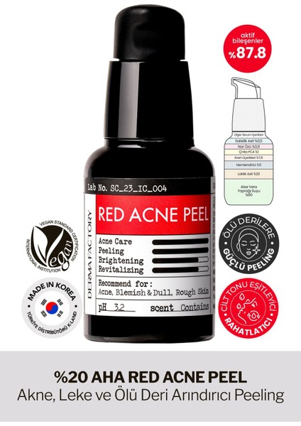 %20 Aha Peeling Serum Yıkanan Form Akne, Leke ve Arındırıcı Derma Factory Red Acne Peel 30 ml