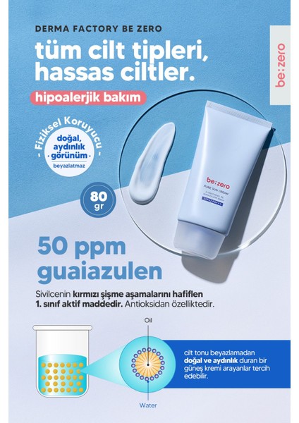 Hassas Ciltler Için Azulen ve Panthenol Içeren Güneş Kremi Derma Factory Be Zero Pure Sun Cream 80GR