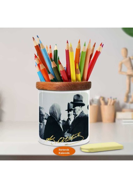 Şapkalı Mustafa Kemal Atatürk Ahşap Seramik Kalemlik-747