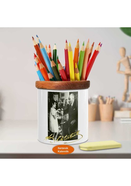 Manevi Kızı Ülküyle Konuşan Atatürk Ahşap Seramik Kalemlik-130 fiyatları