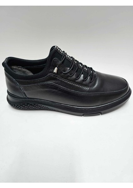 Hakiki Deri Siyah Bağcıksız Rahat Kauçuk Tabanlı Erkek Ayakkabı C-8401446