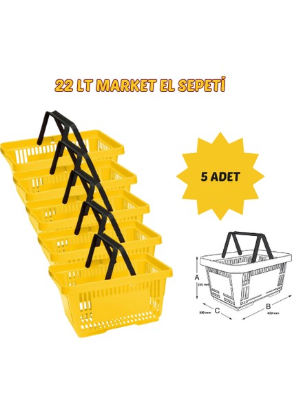22 Litre Çift Saplı Market Sepeti Alışveriş Sepeti 5 Adet