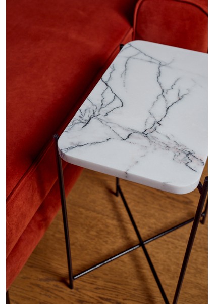 Leylak Mermer Yan Sehpa / Komidin (Siyah Metal Ayaklı)