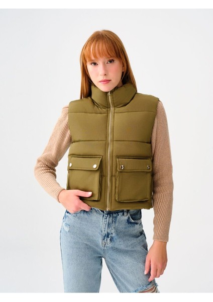 Kadın Loose Crop Haki Yelek LF2036587