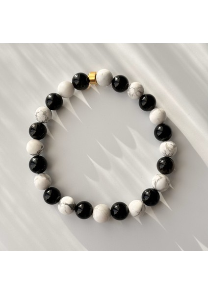 Doğal Taş Erkek Bilekliği Siyah Obsidyen Beyaz Havlit Erkek Aksesuar Doğaltaş Bileklik 8 mm Esnekmisinalı fiyatları