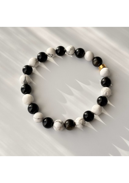 Doğal Taş Erkek Bilekliği Siyah Obsidyen Beyaz Havlit Erkek Aksesuar Doğaltaş Bileklik 8 mm Esnekmisinalı fırsatları