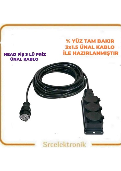 Nead Kauçuk Fiş-3'lü Prizli Uzatma Seyyar Kablo (1 ile 10 Metre Arası) ( 3x1.5 Tam Bakır) Ttr Kablo HO5VV-F