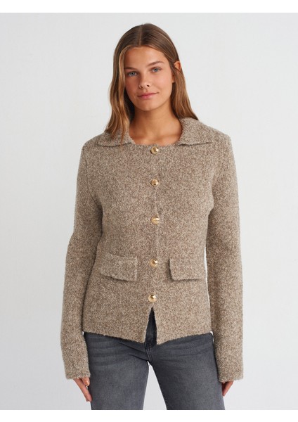 60265 Polo Yaka Düğmeli Cep Detaylı Triko Hırka-Vizon