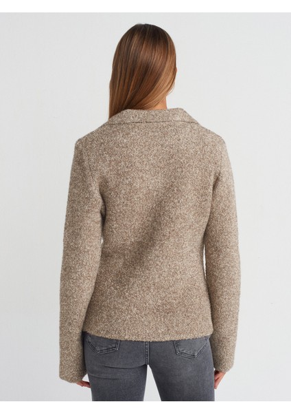 60265 Polo Yaka Düğmeli Cep Detaylı Triko Hırka-Vizon fiyatları