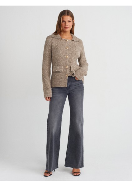 60265 Polo Yaka Düğmeli Cep Detaylı Triko Hırka-Vizon modelleri