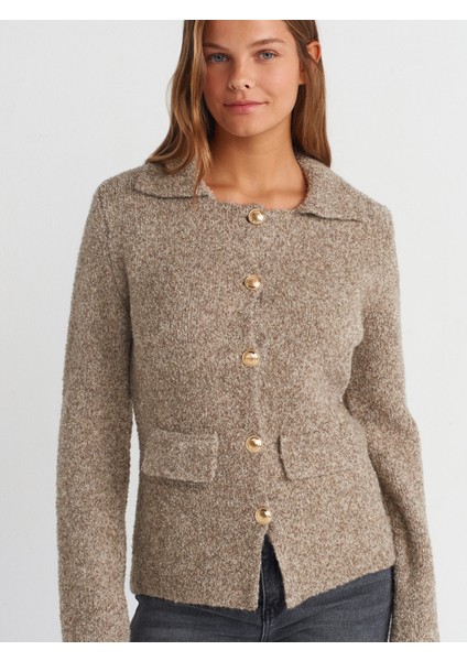 60265 Polo Yaka Düğmeli Cep Detaylı Triko Hırka-Vizon fırsatları