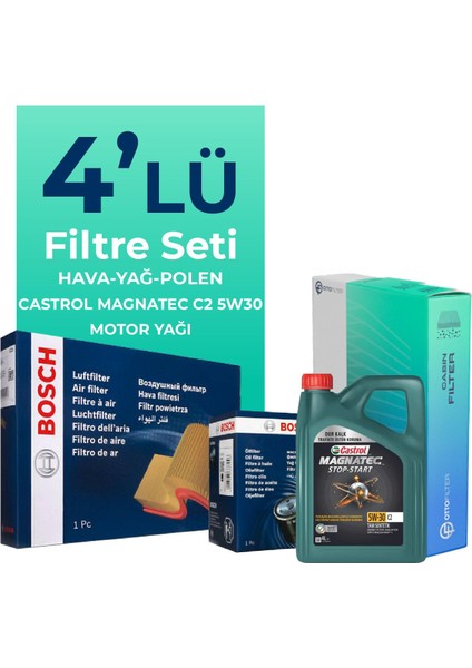Mercedes C180 Kompresör 1.8 Benzin Filtre Bakım Seti Castrol Motor Yağlı (2008-2014) 4 Lü