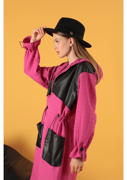 Deri Kumaş Garni Detay Jakar Kadın Trençkot-Fuşya modelleri