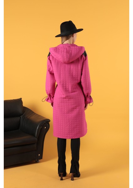 Deri Kumaş Garni Detay Jakar Kadın Trençkot-Fuşya fırsatları