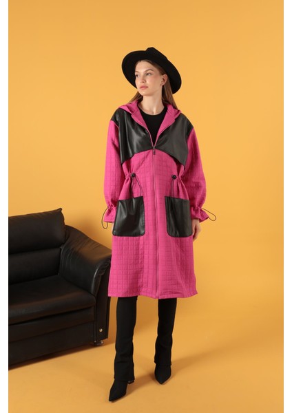 Deri Kumaş Garni Detay Jakar Kadın Trençkot-Fuşya indirimleri