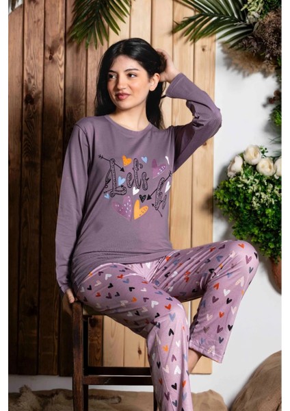 Kadın Mürdüm Sıfır Yaka Uzun Kol Likralı Desenli Kadın Pijama TAKIMIK803153 fiyatları