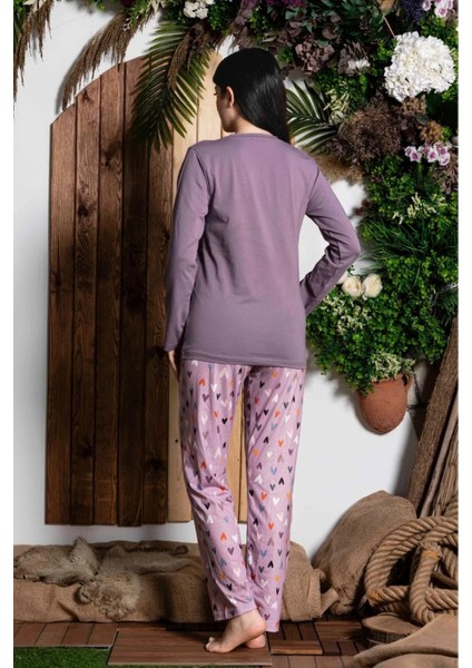 Kadın Mürdüm Sıfır Yaka Uzun Kol Likralı Desenli Kadın Pijama TAKIMIK803153 modelleri