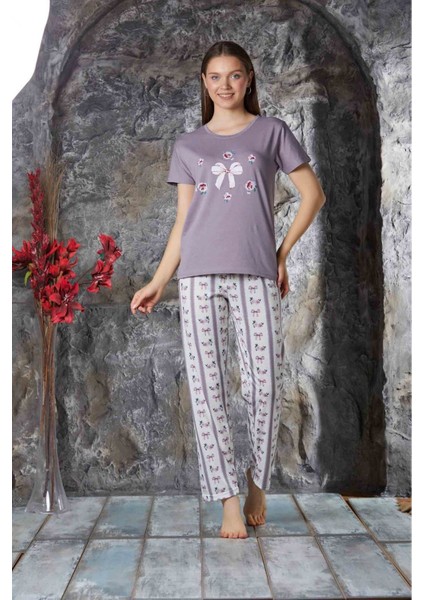 Kadın Mor Desenli Kısa Kol Sıfır Yaka Pamuklu Pijama Takımı