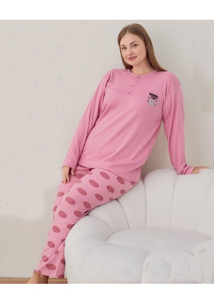 Kadın Pembe Düğmeli Sıfır Yaka Düz Pamuklu Interlok Kumaş Uzun Kol Kadın Pijama Takımı