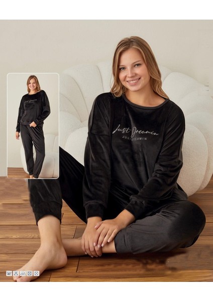 Kadın Siyah Uzul Kollu Sıfır Yakalı Düz Renk Kadife Baskılı Pijama Takımı