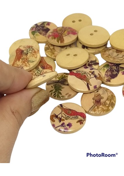 20 Adet 20 Mm Yuvarlak Ahşap Kuş Figürlü Düğme Ahşap Kuş Desenli Düğme