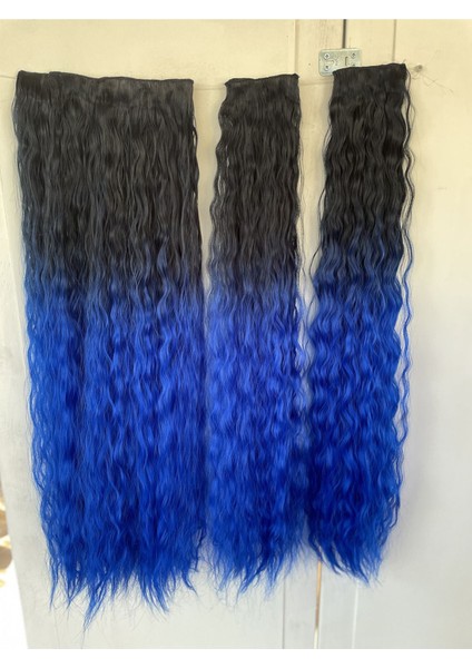Siyah Mavi Afro Dalgalı Uzun Yarım Ay Saç - 3 Parça Çıt Çıt 80CM. 270 Gr. Vıp Serı