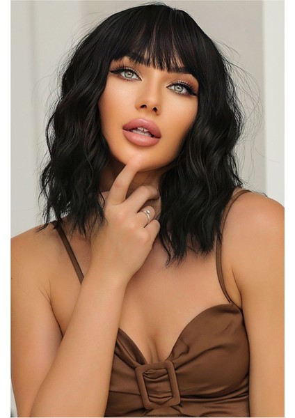 Kısa Fiber Sentetik Dalgalı Siyah Peruk modelleri