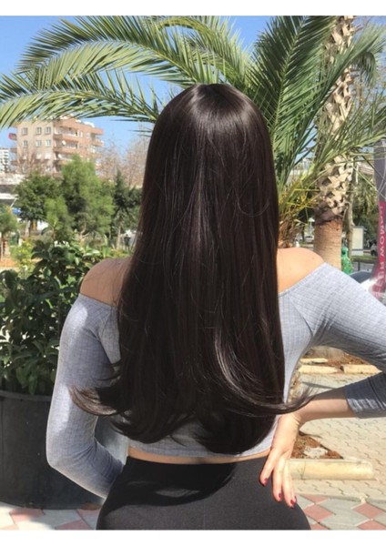 Uzun Koyu Kestane Fiber Sentetik Düz Perçemli Peruk