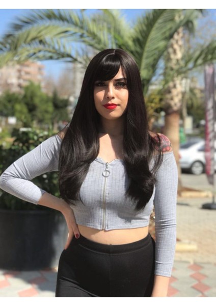 Uzun Koyu Kestane Fiber Sentetik Düz Perçemli Peruk fiyatları