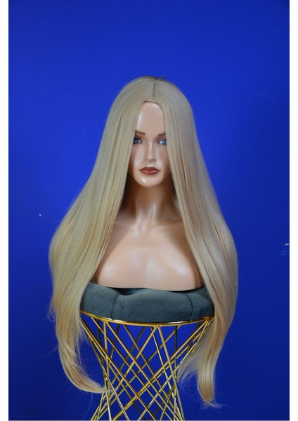 Bebek Sarısı Uzun Düz Fiber Sentetik Perçemsiz Peruk