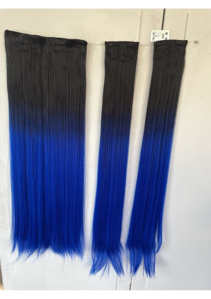 Siyah Mavi Düz Uzun Yarım Ay Saç - 3 Parça Çıt Çıt 80CM. 270 Gr. Vıp Serı