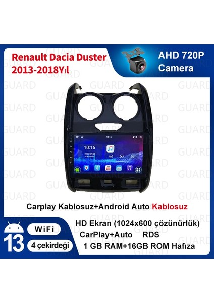 Renault DUSTER（2013-2018 Yıl）android Sürüm 13 Kablosuz Carplay Navigasyon Multimedya 9 Inç Ekran 1G Ram + 16GB Hafıza Çerçeveli ve arka görüş kameralı