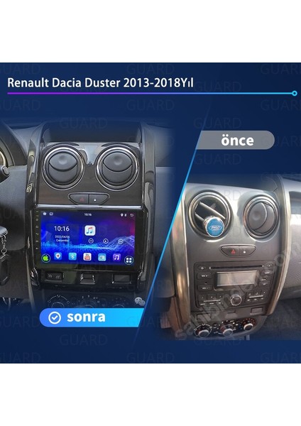 Renault DUSTER（2013-2018 Yıl）android Sürüm 13 Kablosuz Carplay Navigasyon Multimedya 9 Inç Ekran 1G Ram + 16GB Hafıza Çerçeveli ve arka görüş kameralı