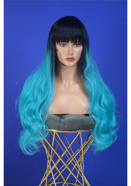 Siyah Turkuaz Ombreli Kahküllü Uzun Dalgalı Fiber Sentetik Peruk