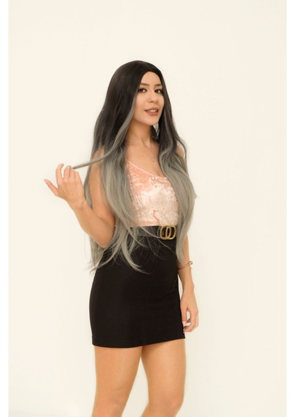 Siyah Gri Ombreli Düz Fiber Sentetik Uzun Peruk fiyatları