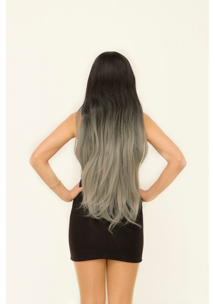 Siyah Gri Ombreli Düz Fiber Sentetik Uzun Peruk modelleri