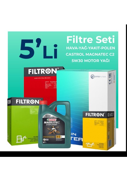 Toyota Yaris 1.4 Dizel Filtre Bakım Seti Castrol Motor Yağlı (2011-2016) 5 Li
