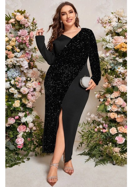 For Esra Bıg Trend Kadın Büyük Beden Kruvaze Yaka Pul Payet Bloklu Ön Yırtmaç Esnek Maxi Abiye Elbise Siyah modelleri