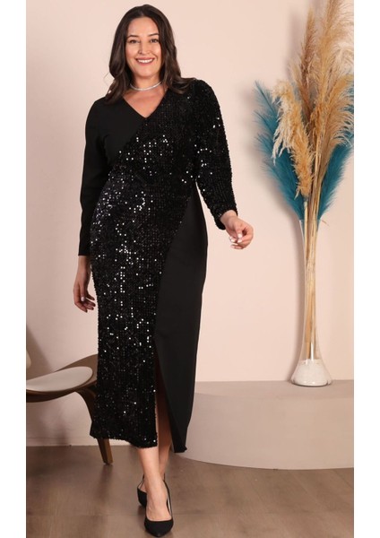 For Esra Bıg Trend Kadın Büyük Beden Kruvaze Yaka Pul Payet Bloklu Ön Yırtmaç Esnek Maxi Abiye Elbise Siyah