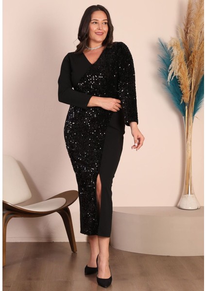 For Esra Bıg Trend Kadın Büyük Beden Kruvaze Yaka Pul Payet Bloklu Ön Yırtmaç Esnek Maxi Abiye Elbise Siyah fırsatları