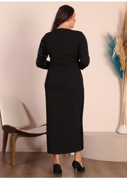 For Esra Bıg Trend Kadın Büyük Beden Kruvaze Yaka Pul Payet Bloklu Ön Yırtmaç Esnek Maxi Abiye Elbise Siyah indirimleri