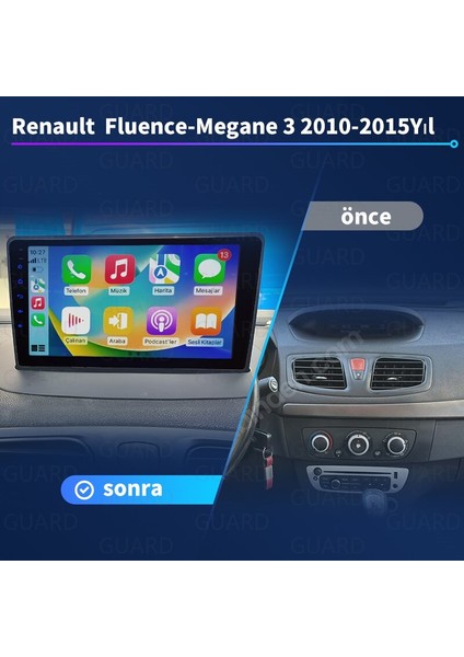 Renault Fluence megane 3 (2010-2015 Yıl) Multimedya Android Sürüm 13 Kablosuz Carplay Navigasyon 9 Inç Ekran 1G Ram+16GB Hafıza Çerçeveli ve arka görüş kameralı