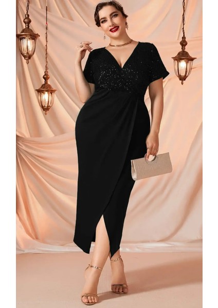 For Esrabıg Trend Kadın Kruvaze Yaka Üst Pul Payet Kısa Kol Ön Yırtmaç Sandy Esnek Abiye Elbise