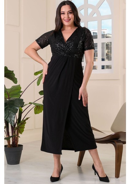 For Esrabıg Trend Kadın Kruvaze Yaka Üst Pul Payet Kısa Kol Ön Yırtmaç Sandy Esnek Abiye Elbise modelleri