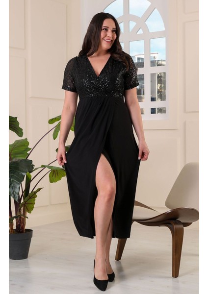 For Esrabıg Trend Kadın Kruvaze Yaka Üst Pul Payet Kısa Kol Ön Yırtmaç Sandy Esnek Abiye Elbise fırsatları