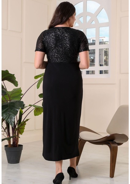 For Esrabıg Trend Kadın Kruvaze Yaka Üst Pul Payet Kısa Kol Ön Yırtmaç Sandy Esnek Abiye Elbise indirimleri