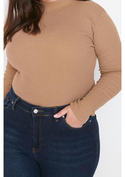 Moda Büyük Beden Dik Yaka Örme Fit Düz Desen Casual Günlük Regular Uzun Kol Bluz