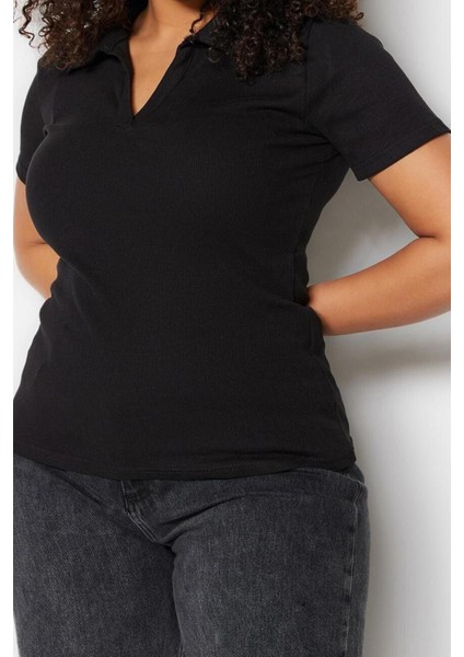 Moda Büyük Beden Polo Yaka Örme Regular Düz Desen Casual Günlük Crop Kısa Kol Bluz