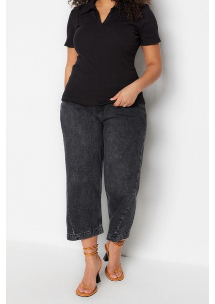 Moda Büyük Beden Polo Yaka Örme Regular Düz Desen Casual Günlük Crop Kısa Kol Bluz
